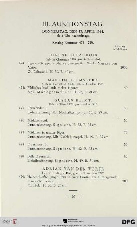 III. Auktionstag: Donnerstag, den 12. April 1934, ab 3 Uhr nachmittags (Nr. 474-725)
