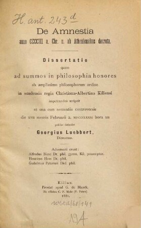 De amnestia : anno CCCCIII a. Chr. n. ab Atheniensibus decreta