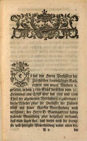 Beantwortung der Zürchischen Critik über Baumgartens Anmerkungen zum fünften ... Theil der allgemeinen Welthistorie