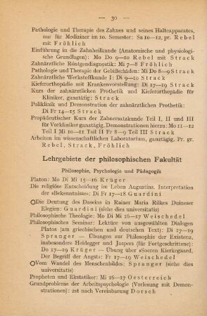 30-38, Lehrgebiete der philosophischen Fakultät