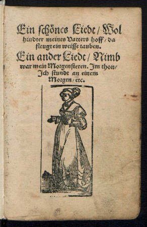 Ein schœnes Liedt/ Wol || hindter meines Vatters hoff/ da || fleugt ein weisse tauben.|| Ein ander Liedt/ Nimb || war mein Morgensteren. Jm thon/|| Jch stundt an einem || Morgen/ etc.||