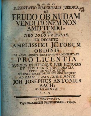 Dissertatio inauguralis juridica feudo ob nudam venditionem non amitendo