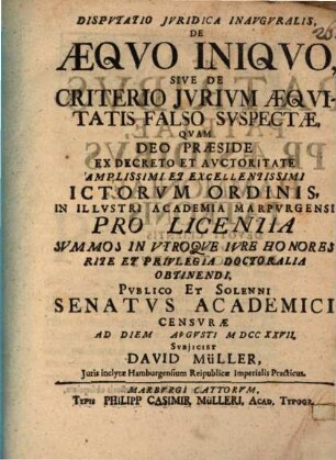 Disp. iur. inaug. de aequo iniquo, sive de criterio iurium aequitatis falso suspectae