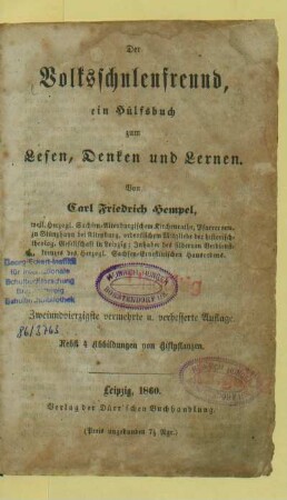 Volksschulenfreund : ein Hülfsbuch zum Lesen, Denken und Lernen