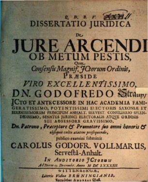 Dissertatio Juridica De Jure Arcendi Ob Metum Pestis