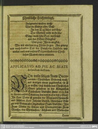 Lebenslauf : Applicatio Ad Pie Ac Beate defunctam nostram