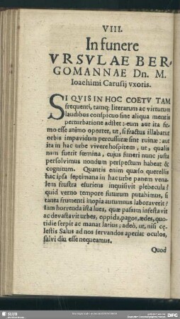 VIII. In funere Ursulae Bergomannae Dn. M. Joachimi Carusii uxoris