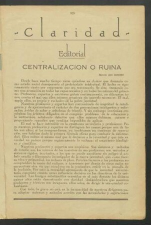 Centralización o ruina : Editorial