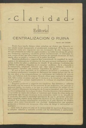 Centralización o ruina : Editorial