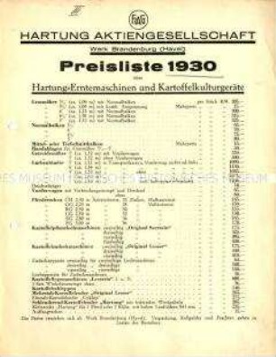 Preisliste über Erntemaschinen