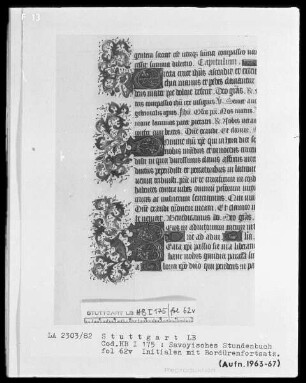 Liber horarum — Kleine Initialen mit Bordürenforsatz, darin Fabeltiere, Folio 62verso