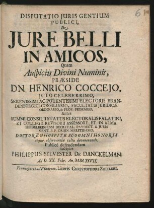 Disputatio Iuris Gentium Publici, De Iure Belli In Amicos