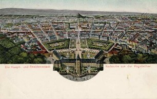 Postkartenalbum mit Motiven von Karlsruhe. "Die Haupt- und Residenzstadt Karlsruhe aus der Vogelschau". Lithografie der Fächerstadt