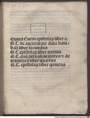 Epistulae : mit Widmungsbrief des Druckers an Franciscus Maria Rangonus, Reggio Emilia 23.7.1500