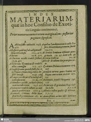 Index Materiarum, quae in hoc Consilio de Exoticis Linguis continentur