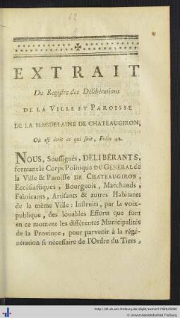 Extrait Du Registre des Délibérations De La Ville Et Paroisse De La Magdelaine De Chateaugiron.