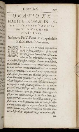 Oratio XX. [...] In funere Pij V. Pont. Max. qui obiit Kal. Maij eiusdem anni.