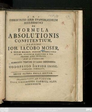 Dissertatio Iuris Evangelicorum Ecclesiastici De Formula Absolutionis Confitentium