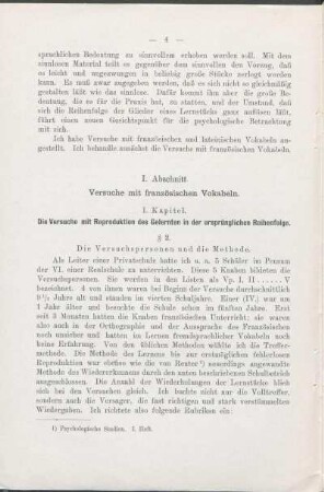 I. Abschnitt. Versuche mit französischen Vokabeln.