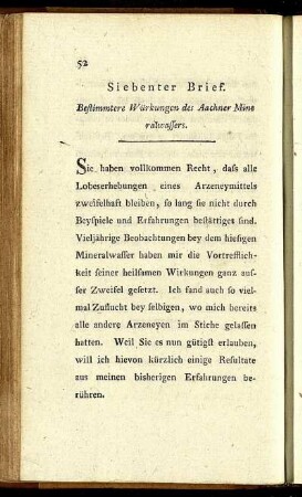 Siebenter Brief. Bestimmtere Würkungen des Aachener Mineralwassers.