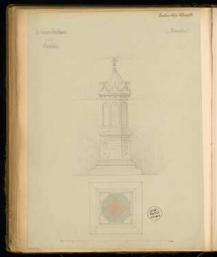 Gefallenendenkmal, Genthin Monatskonkurrenz Januar 1876: Grundriss, Aufriss Vorderansicht; Maßstabsleiste