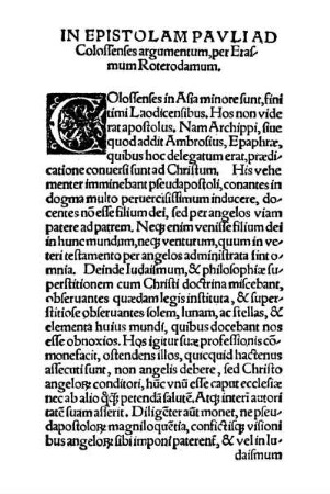 In Epistolam Pavli Ad Colossenses argumentum, per Erasmum Roterodamum.