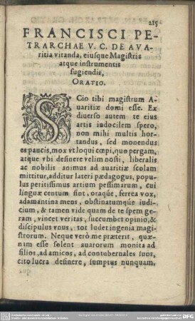 De Avaritia vitanda, eiusque Magistris atque instrumentis fugiendis, Oratio