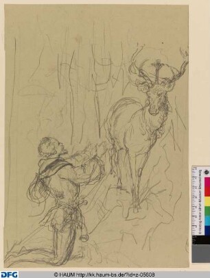 Der Heilige Hubertus als kniender Jäger vor einem Hirsch mit Kruzifix