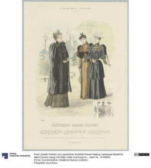 Illustrirte Frauen-Zeitung: halblanger Mantel für ältere Damen, Anzug mit Falten-Taille und Anzug mit russischer Bluse