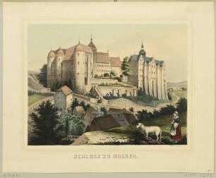 Das Schloss in Nossen in Sachsen von Südwesten über die Häuser im Tal gesehen, aus dem Album der Rittergüter und Schlösser im Königreiche Sachsen