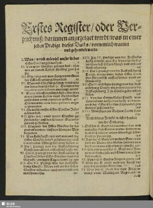 Erstes Register, oder Verzeichnuß, darinnen angezeiget wirdt, was in einer jeden Predigt dieses Buchs, vornemlich tractirt und gehandelt werde