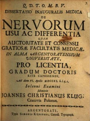 Dissertatio Inauguralis Medica De Nervorum Usu Ac Differentia