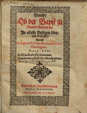 Bericht, Ob der Bapst zu Rom der Antichrist sey
