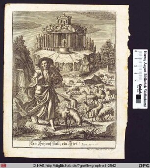 Christus mit Schafherde vor einem Tempel.