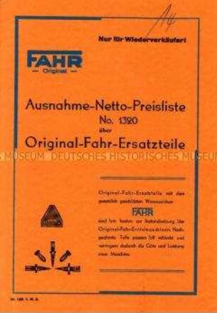 Ausnahme-Netto-Preisliste No. 1320 über Erntemaschinen-Ersatzteile
