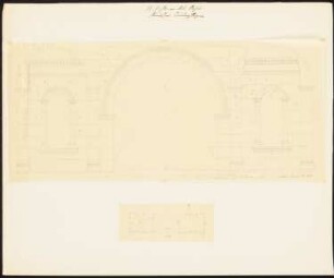 Römischer Triumphbogen in der kleinen Oase El Kasr: Ansicht und Grundriss, Maßstabsleiste (zwei Blätter, Nach- oder Durchzeichnungen nach Cailliaud, Voyage à Meroe, II, Pl. XLII, 1823-1827)