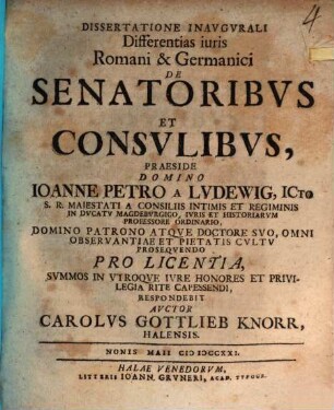 Dissertatione inaug. differentias iuris Romani et Germanici de senatoribus et consulibus