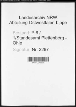 Sterberegister Standesamt Plettenberg-Ohle
