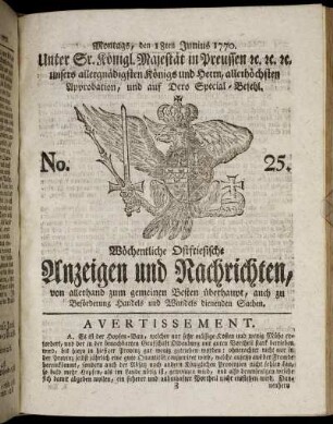 No. 25. Montags, den 18ten Junius 1770.