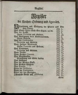Register der Kirchen-Ordnung und Agenden.