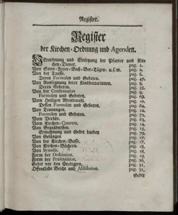 Register der Kirchen-Ordnung und Agenden.