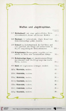 Waffen und Jagdtrophäen (Nr. 217-231)