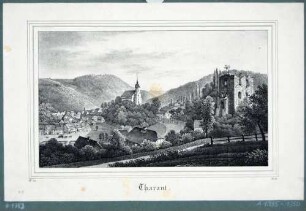 Blick auf Tharandt mit der Burgruine und der Stadt- und Bergkirche, aus der Zeitschrift "Saxonia"