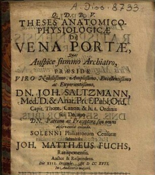 Theses Anatomicae Physiologicae De Vena Portae