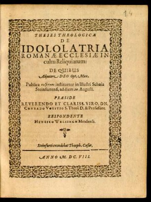 Theses Theologicae De Idololatria Romanae Ecclesiae In cultu Reliquiarum