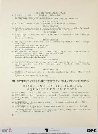III. Diverse verzamelingen en nalatenschappen; moderne schilderijen aquarellen en etsen (Nr. 93-294)