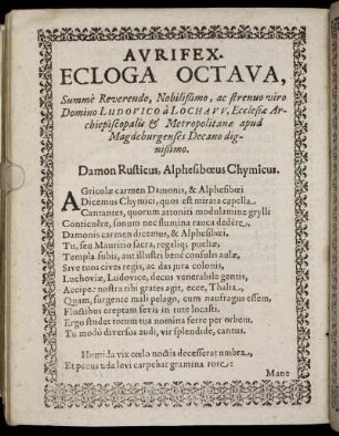 Aurifex. Ecloga Octava, Summe Reverendo, Nobilißimo, ac strenuo viro Domino Ludovico a Lochaw [...]