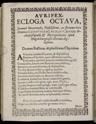 Aurifex. Ecloga Octava, Summe Reverendo, Nobilißimo, ac strenuo viro Domino Ludovico a Lochaw [...]