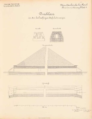 Neue Oderbrücke, Cosel: Durchlass in der Zufahrtsrampe: Ansicht, Grundriss, Querschnitt, Längsschnitt 1:50