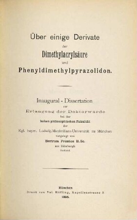 Ueber einige Derivate der Dimethylacrylsäure und Phenyldimethylpyrazolidon : Inaugural-Dissertation